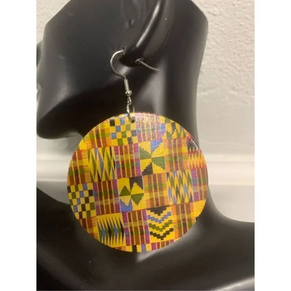 African Print Dangle Earrings - Picture 2 of 3